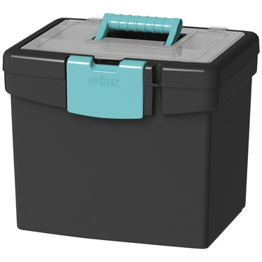 Storex File Storage Box with XL Storage Lid, 10-7/8 x 13-1/4 x 11 Inches, Black/Teal