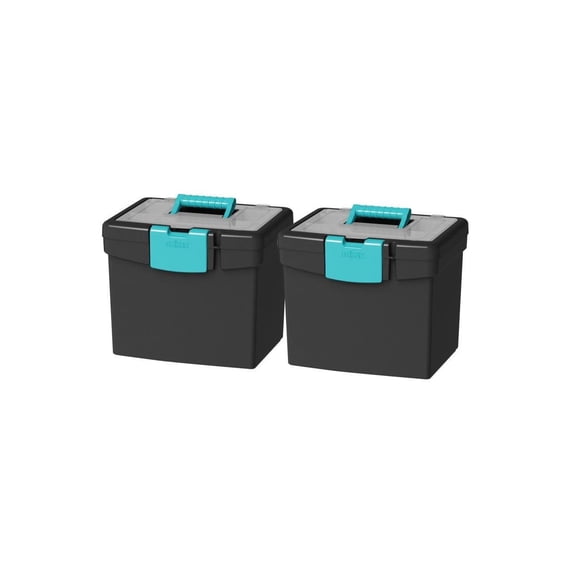 Storex Portable File Box, with XL Storage Lid, Black/Teal (Case of 2)
