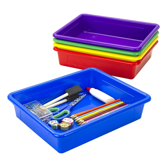 Storex Flat Storage Tray, Letter Size, 10 x 13 x 3 Inches, Assorted Colors, 5-Pack