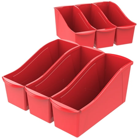 Storex Large Plastic Book and Magazine Bin, Red, 6-Pack