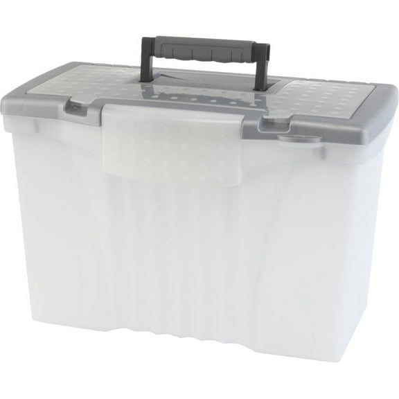 Storex Portable File Box with Organizer Lid, Legal/Letter, Clear/Silver