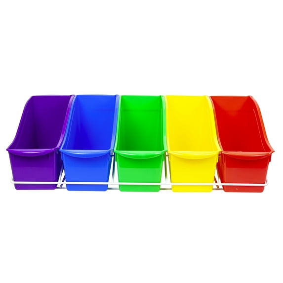 Storex Set of 5 Large Plastic Book Bins with Wall Mount, Assorted Colors