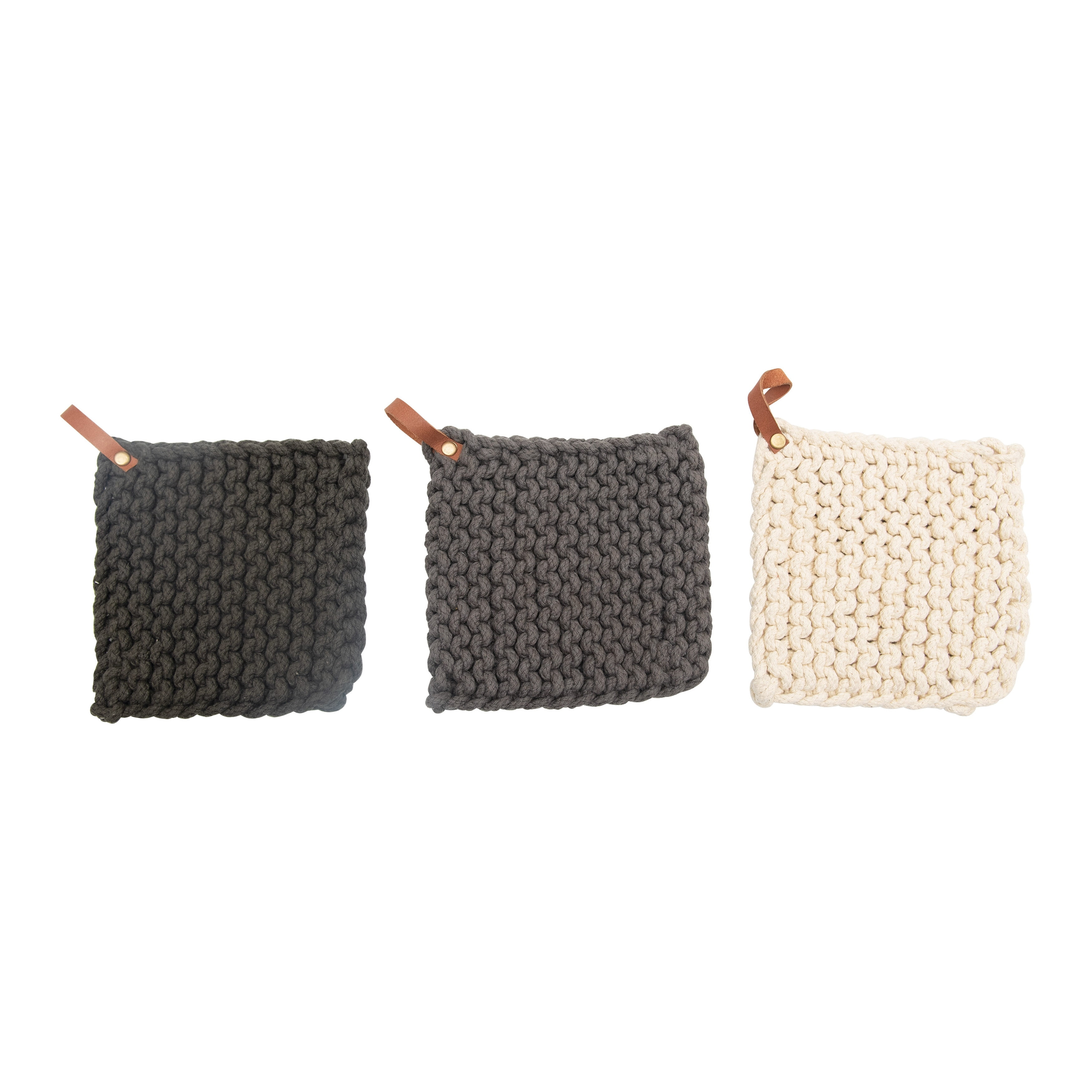 Hand-Crocheted Cotton Pot Holders with Leather Loop, Set of 3