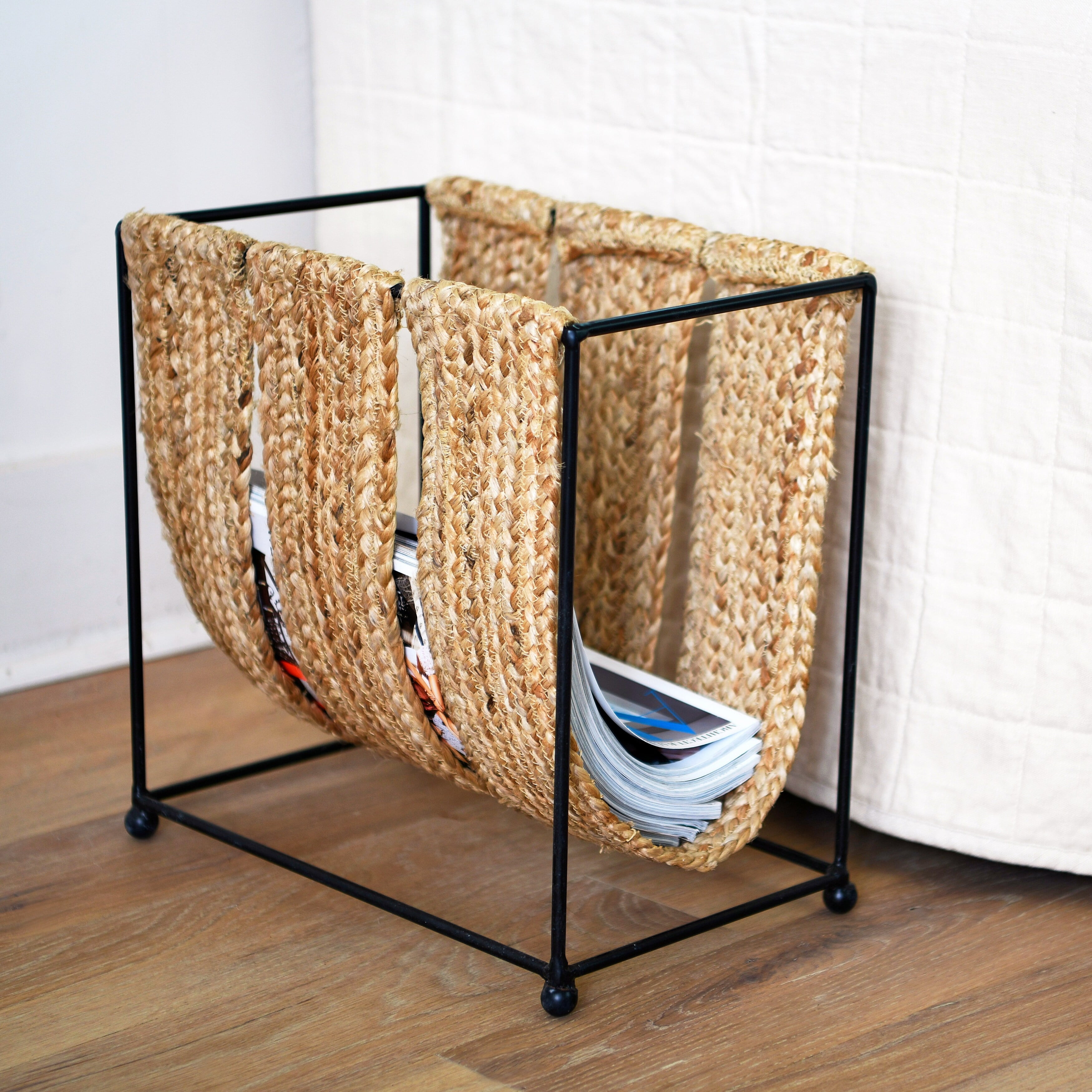 Natural Jute and Black Metal Freestanding Magazine Holder