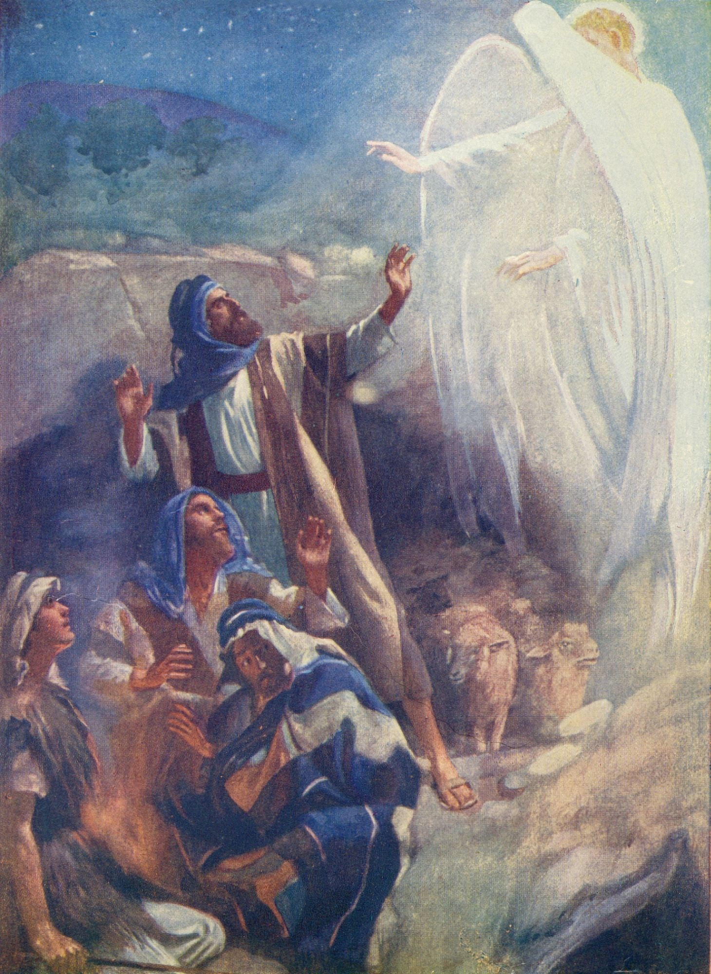 Stories about Jesus 1959 Angel appearing to shepherds Canvas Art - Harold Copping (24 x 36)