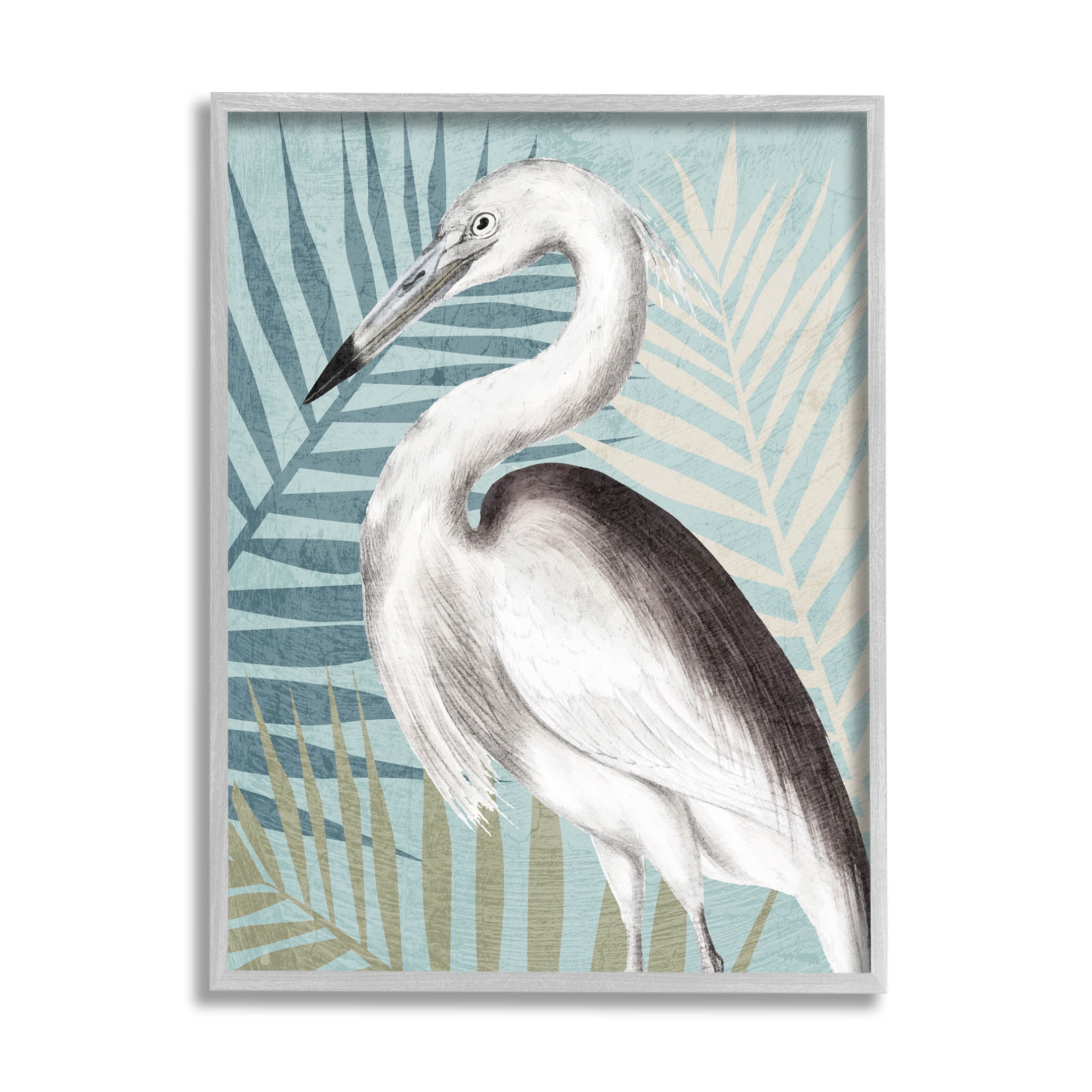 Stork Bird Island Palm Leaves Animals & Insects Graphic Art Gray Framed Art Print Wall Art
