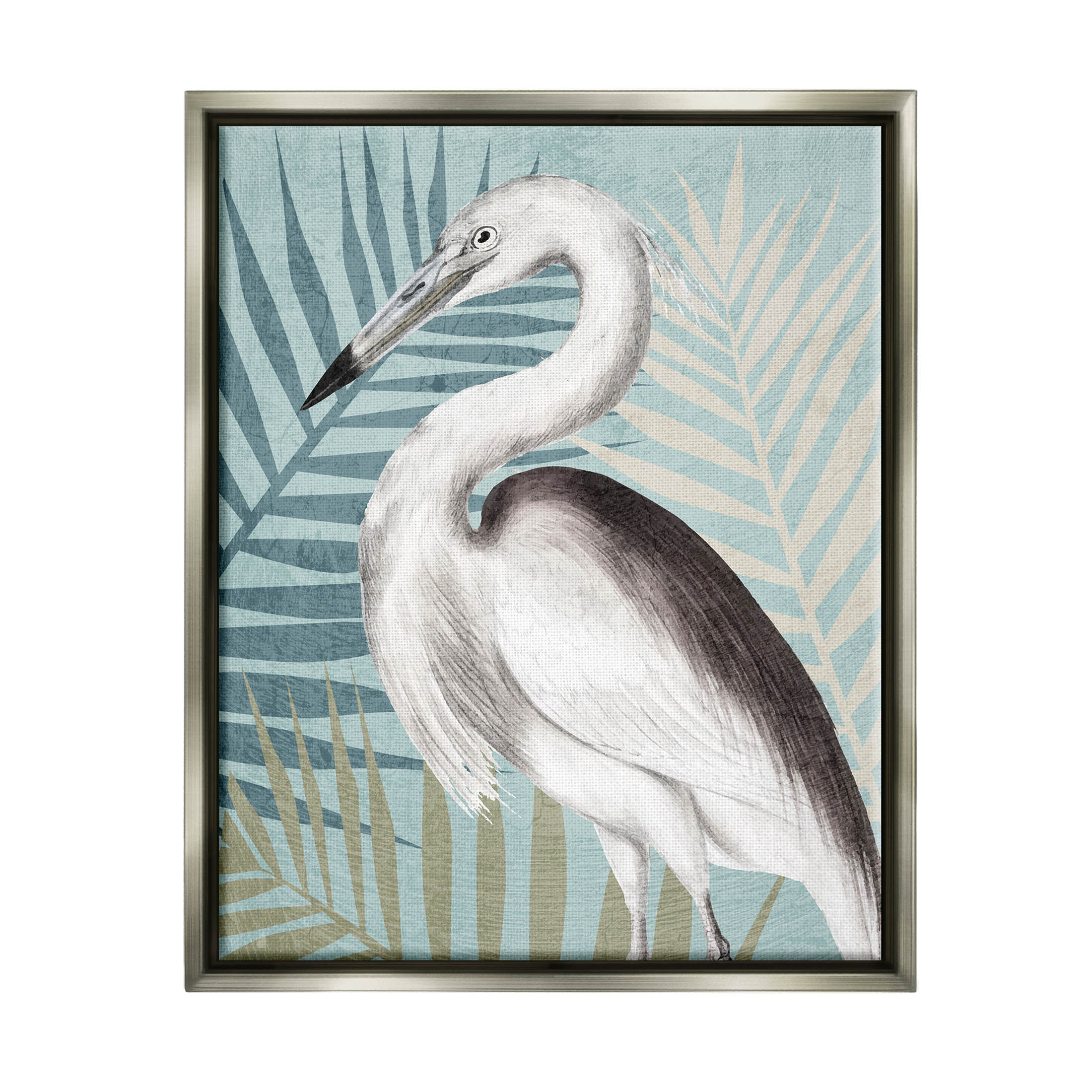 Stork Bird Island Palm Leaves Animals & Insects Graphic Art Luster Gray Framed Art Print Wall Art