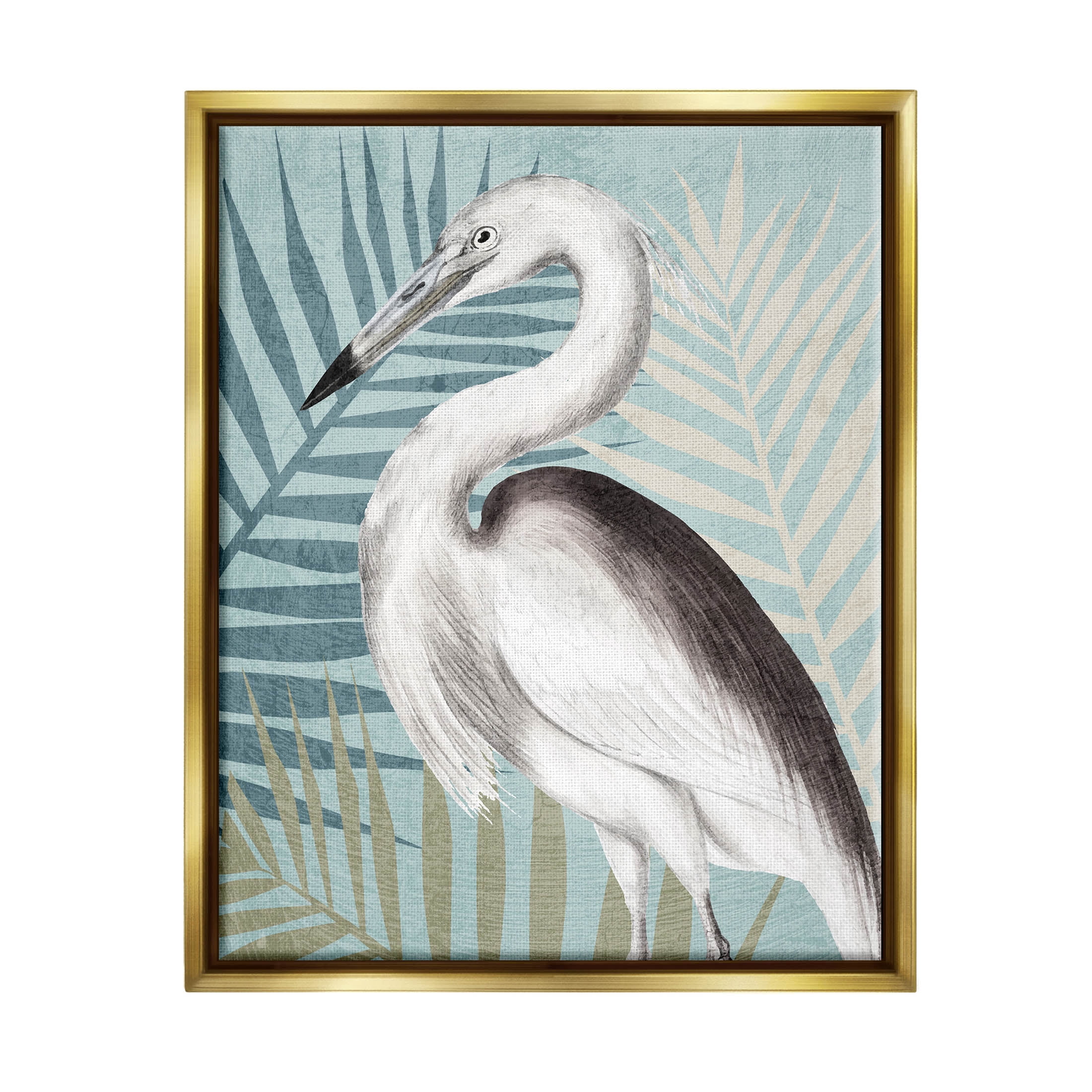 Stork Bird Island Palm Leaves Animals & Insects Graphic Art Metallic Gold Framed Art Print Wall Art
