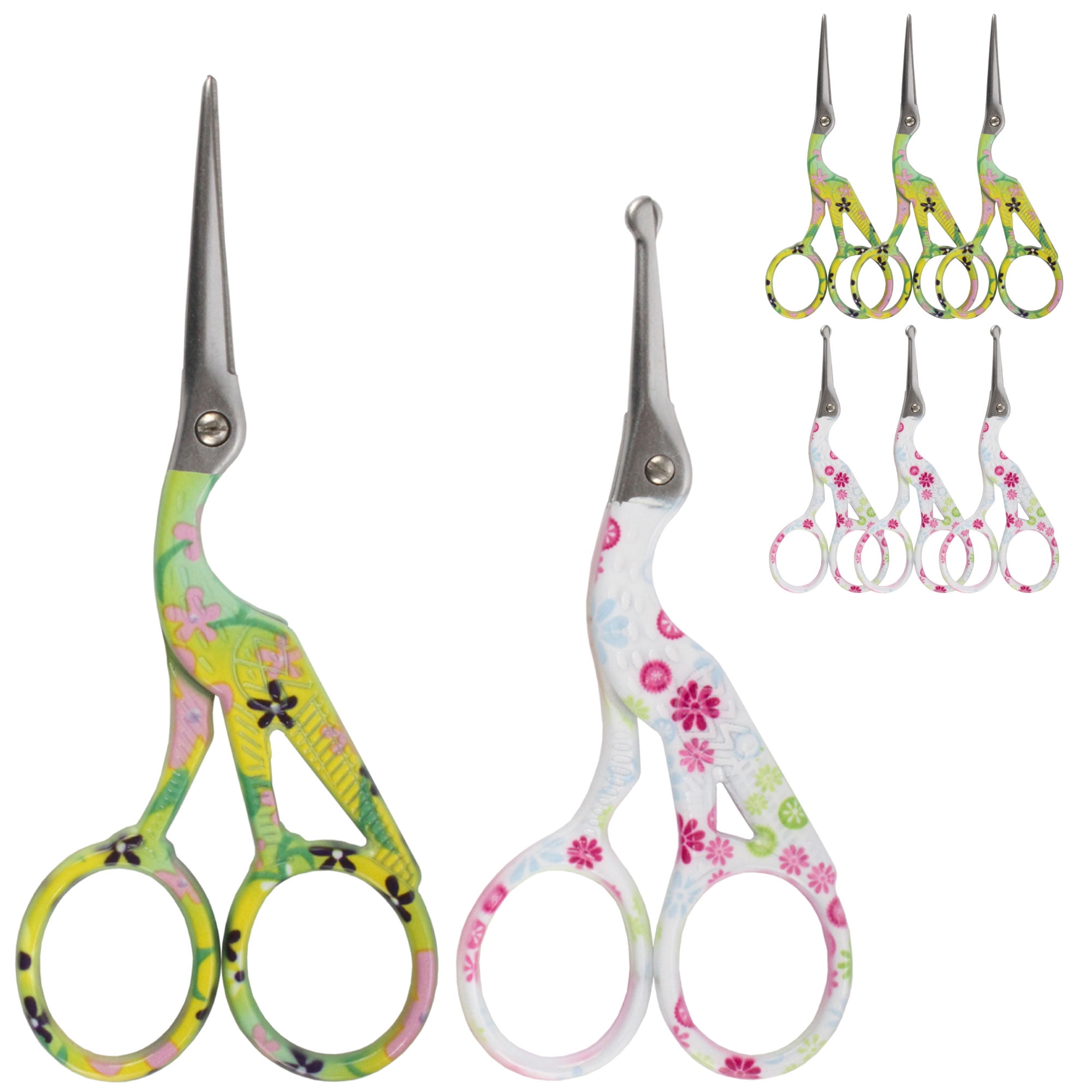 Stork Bird Rounded Safety Tip Embroidery Craft Stainless Steel Crane Scissors - Assortment C - 6 Pairs