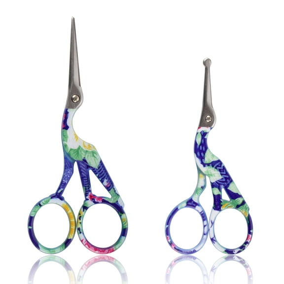 Stork Bird Rounded Safety Tip Embroidery Craft Stainless Steel Crane Scissors - Blue - 2 Pairs