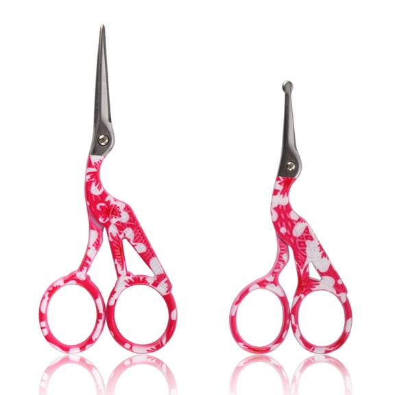 Stork Bird Rounded Safety Tip Embroidery Craft Stainless Steel Crane Scissors - Red - 2 Pairs