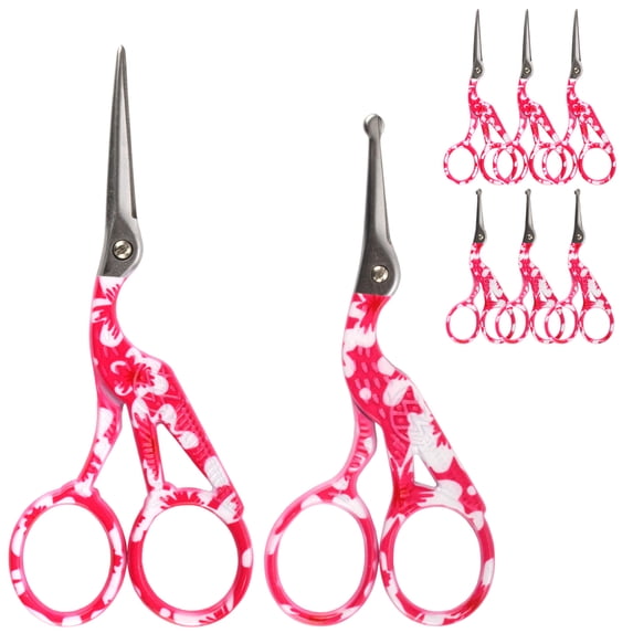 Stork Bird Rounded Safety Tip Embroidery Craft Stainless Steel Crane Scissors - Red - 6 Pairs