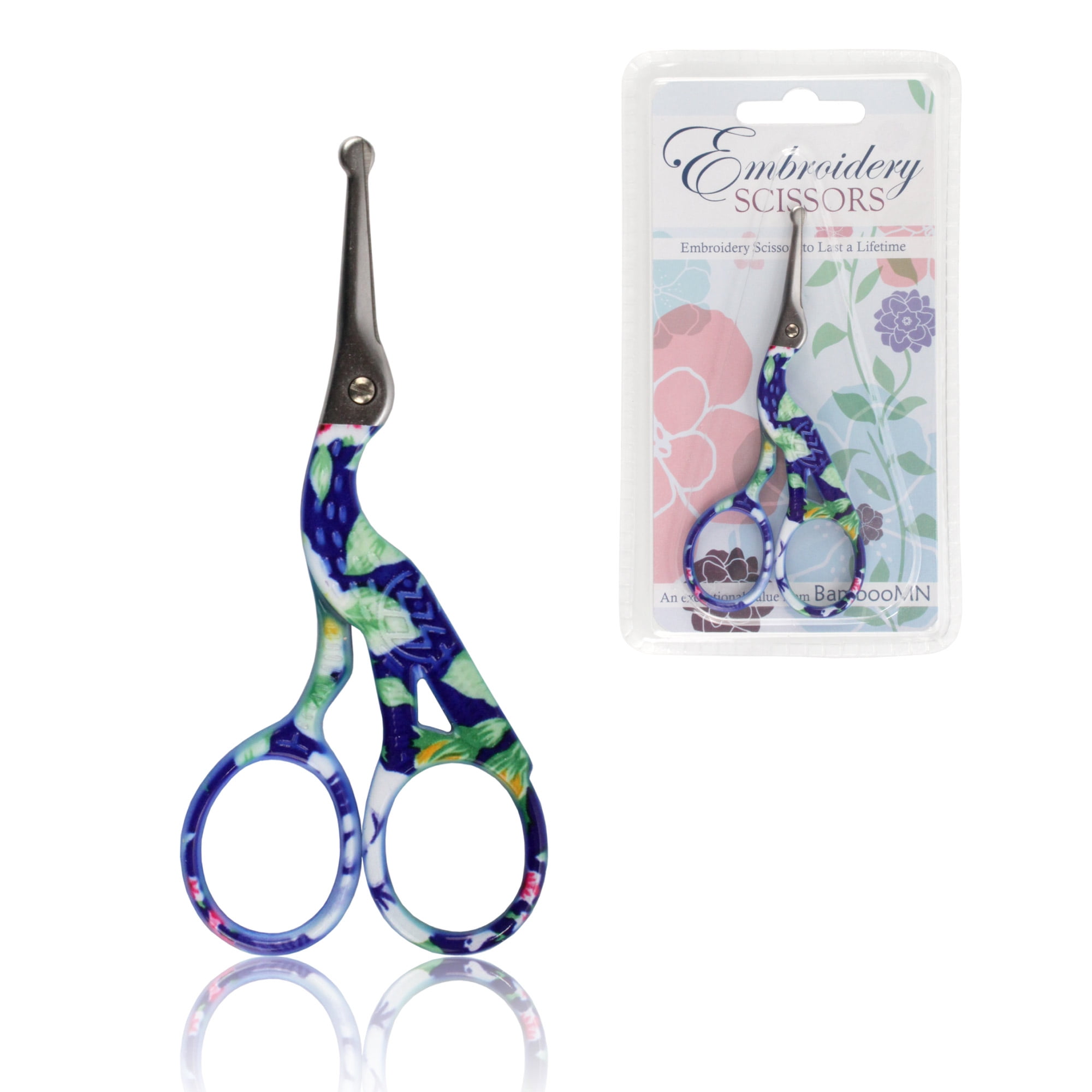 Stork Bird Rounded Safety Tip Embroidery Craft Stainless Steel Crane Scissors - Small Blue - 3 Pairs