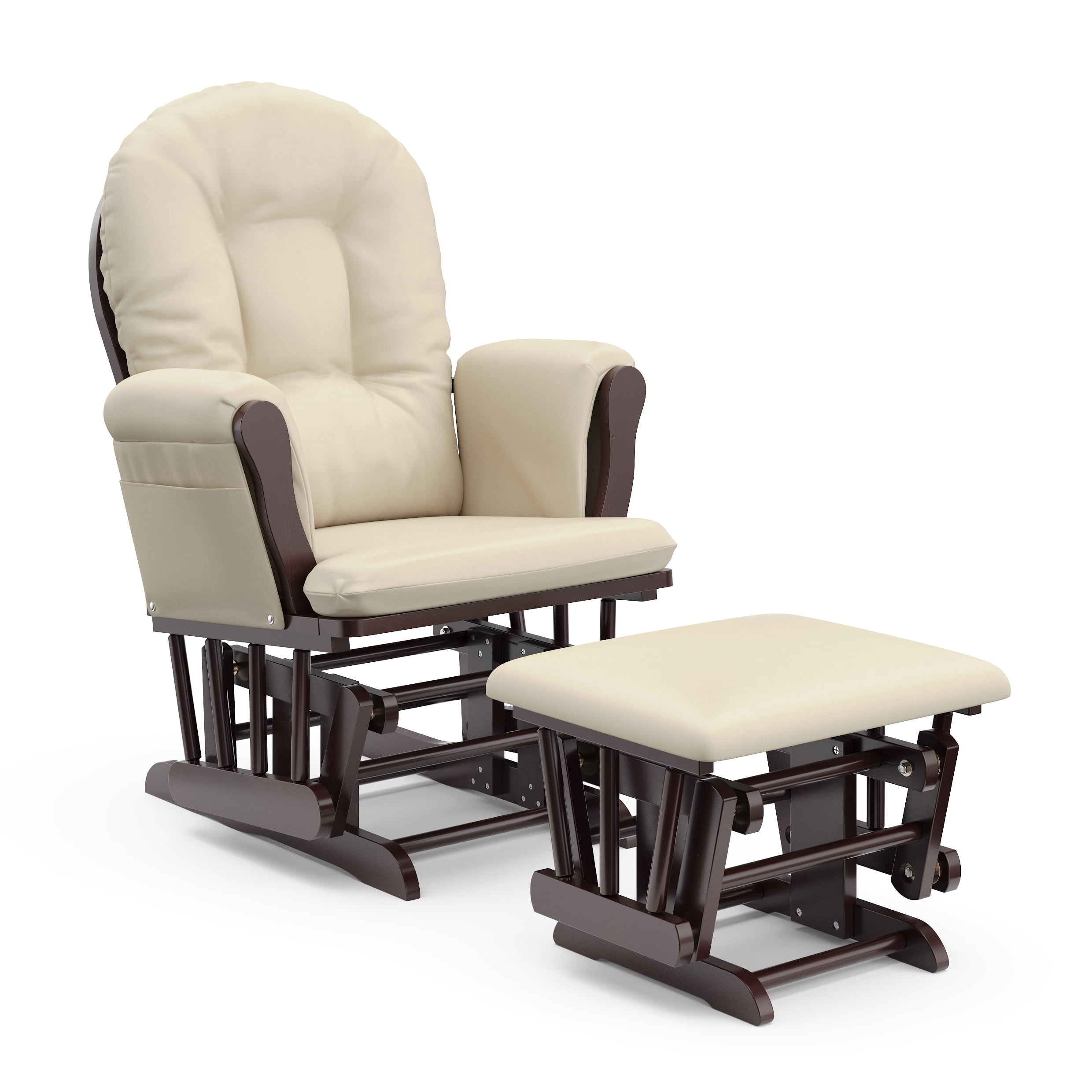 Espresso Wood Glider Chair and Ottoman with Beige Cushions