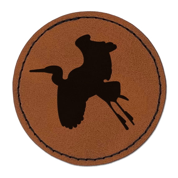 Stork Flying Solid 2.5" Faux Leather Round Engraved Iron-On Patch - Brown