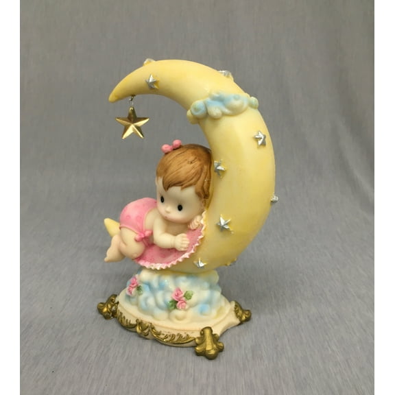 Stork Holding Girl Baby Shower Cake Top Decoration Centerpiece Ceramic 7.75"H