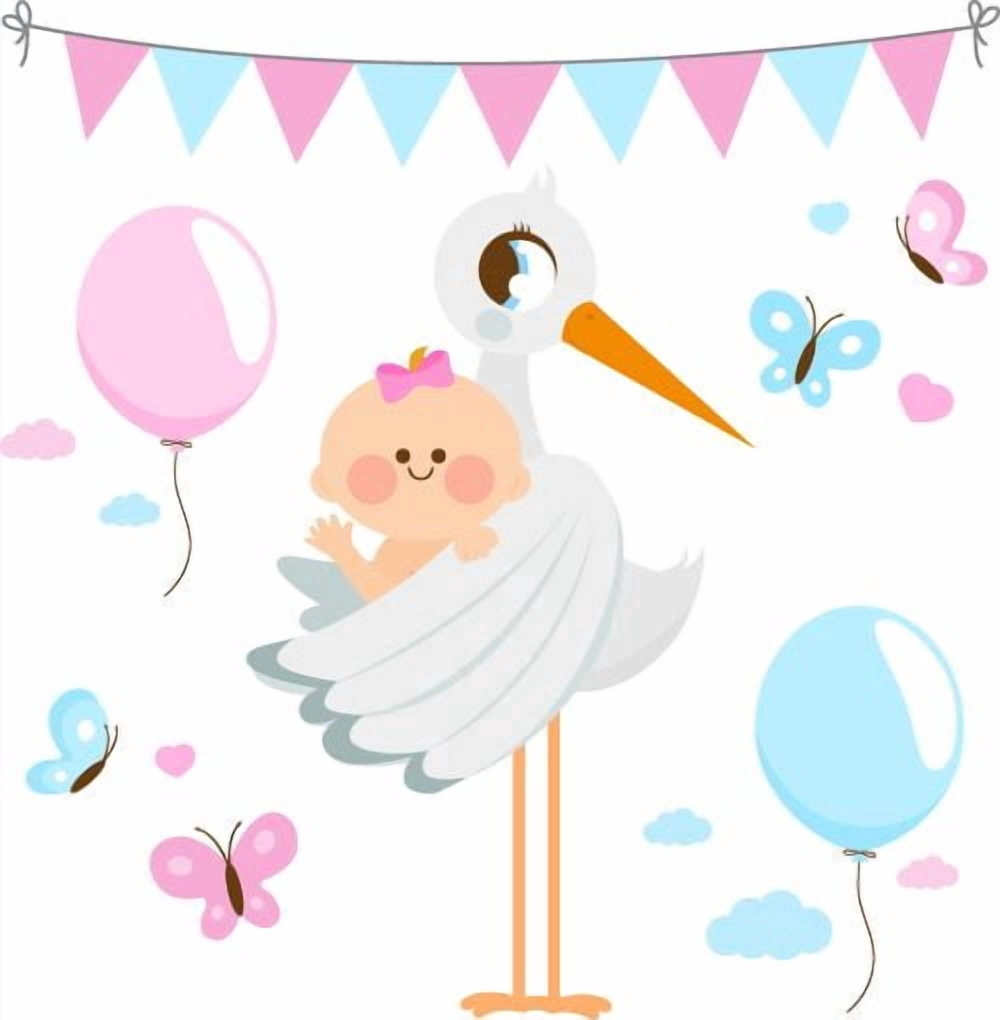 Stork Holding Waving BaBy Girl Butterflies & Balloons BaBy Shower ...