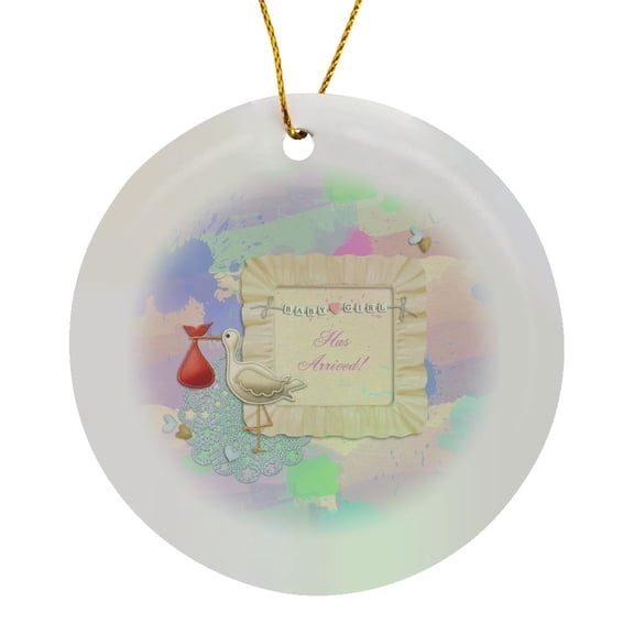 Stork With Bundle, Ruffled Frame, Beaded Words Baby Girl Has Arrived, Circle Porcelain Ornament