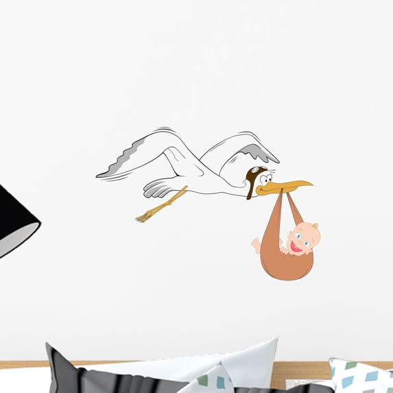 Stork with Baby Wall Decal by Wallmonkeys Peel and Stick Graphic (18 in W x 12 in H) WM272231