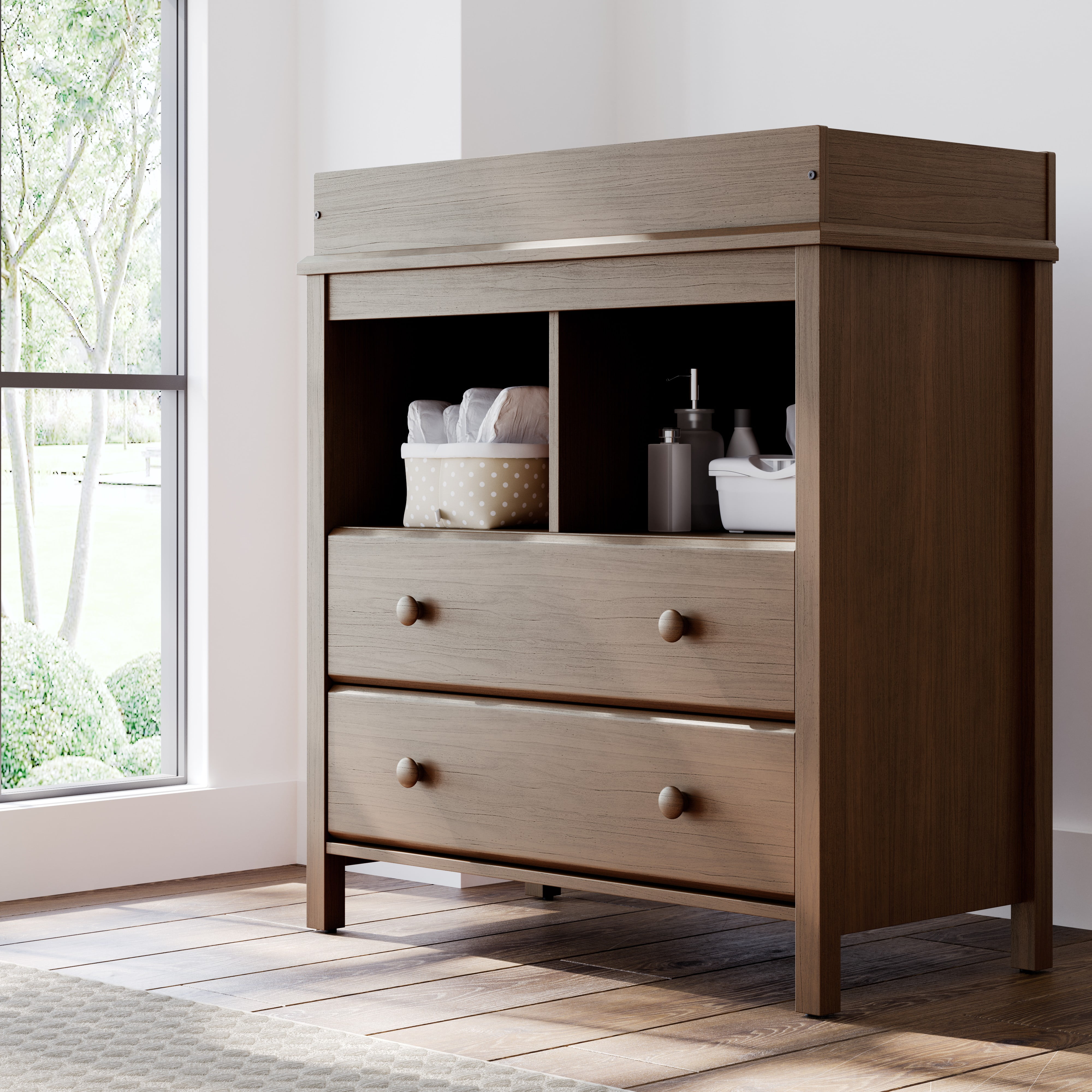 Storkcraft Alpine 2-Drawer Infant Changing Table Dresser, Hazelnut