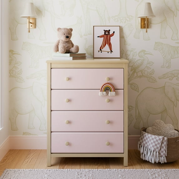Storkcraft Alpine 4 Drawer Nursery Dresser, Driftwood with Blush