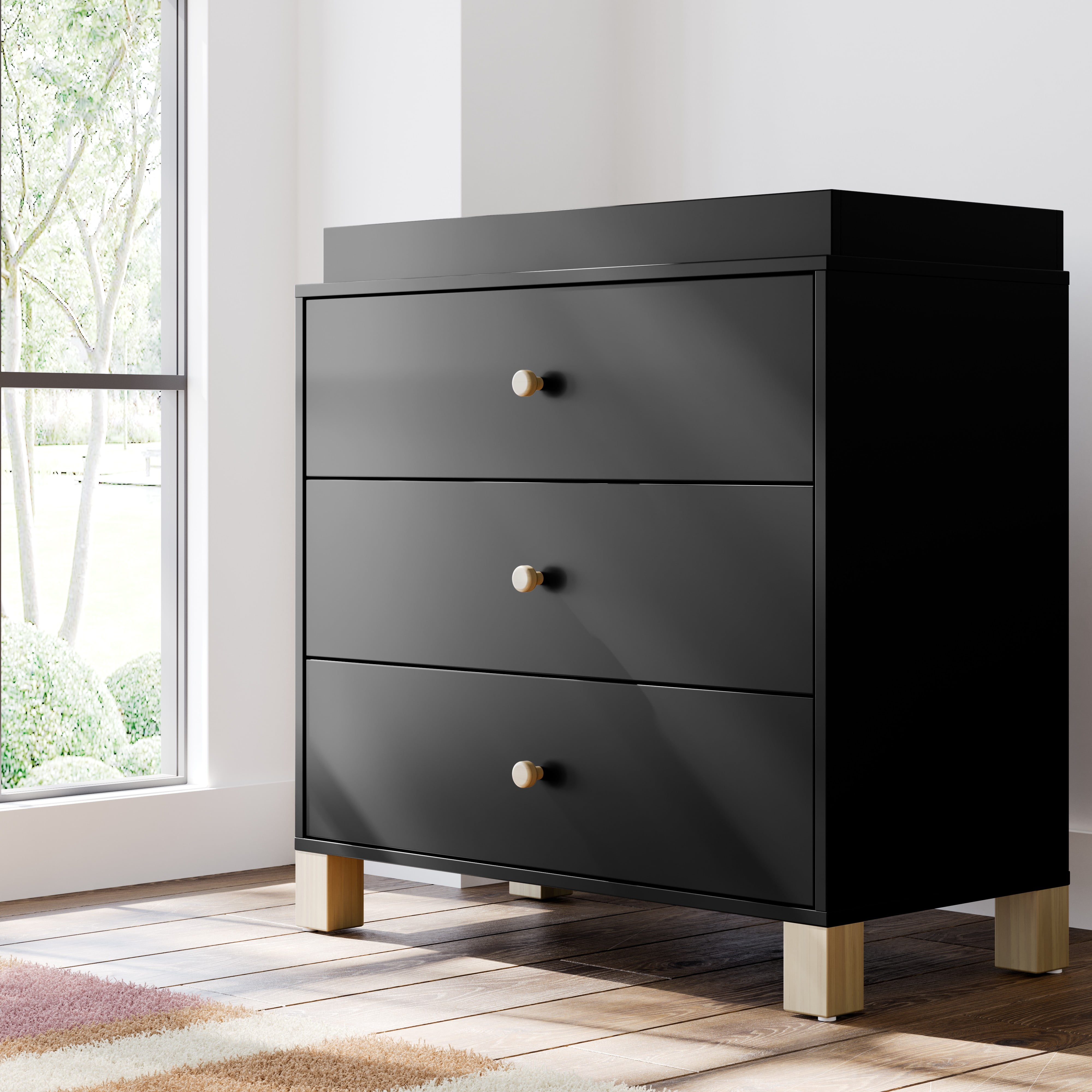 Storkcraft California 3 Drawer Dresser with Infant Changing Topper, Black with Driftwood