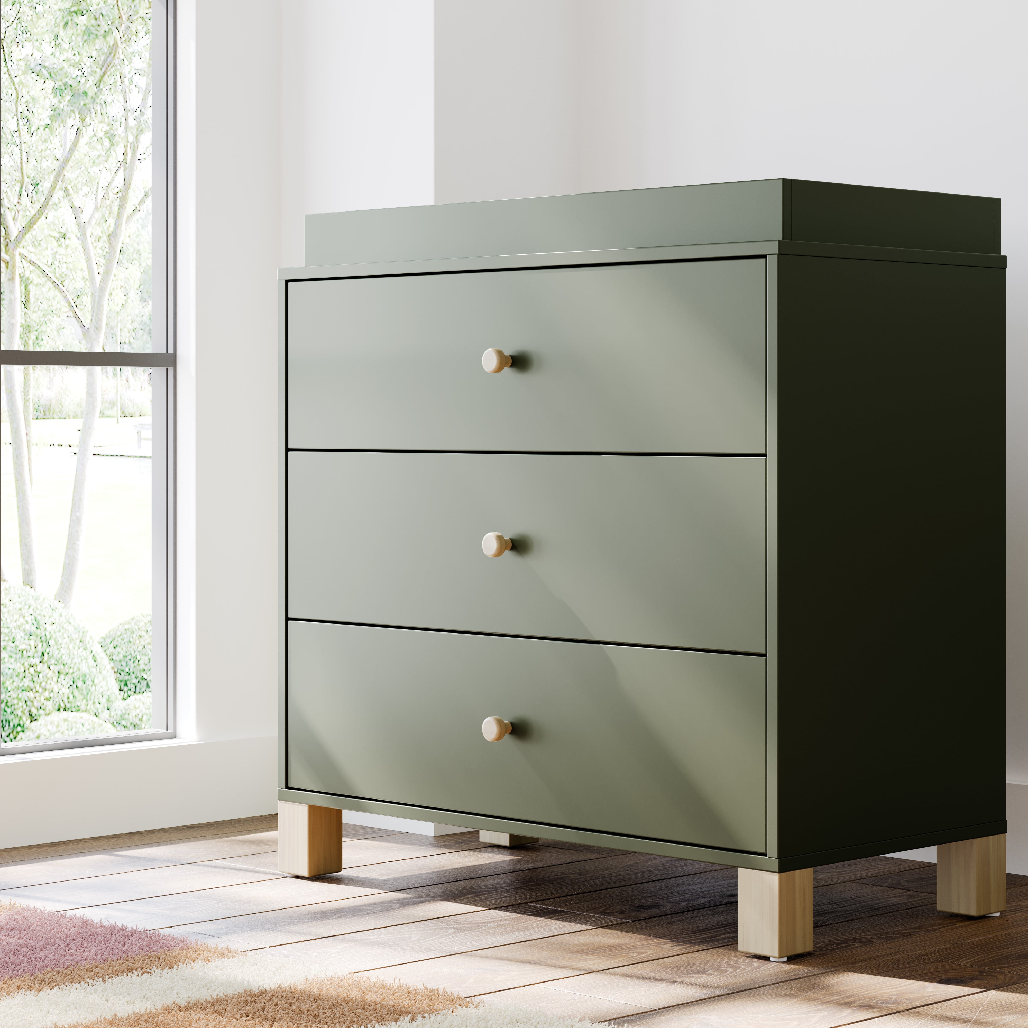 Storkcraft California 3 Drawer Dresser with Infant Changing Topper, Olive with Driftwood