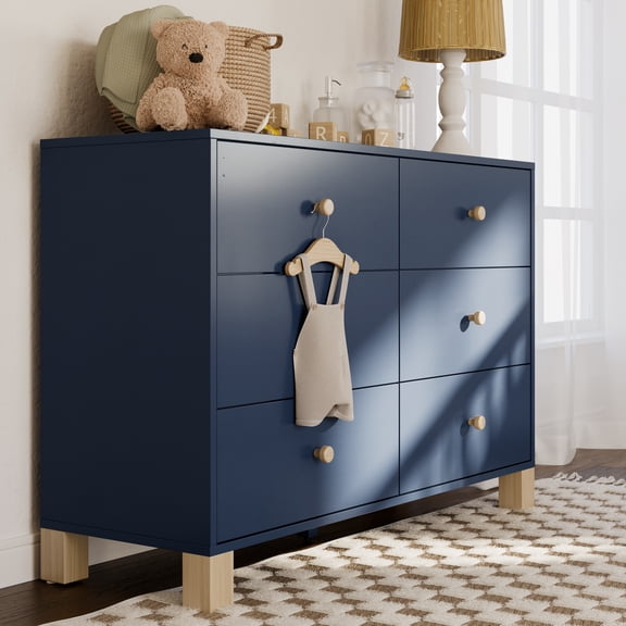 Storkcraft California 6 Drawer Nursery Wood Double Dresser, Midnight Blue with Driftwood