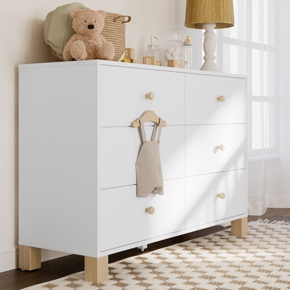 Storkcraft California 6 Drawer Nursery Wood Double Dresser, White with Driftwood