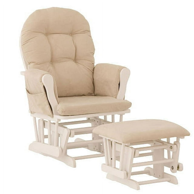 Storkcraft Hoop Glider and Ottoman White with Beige Cushions