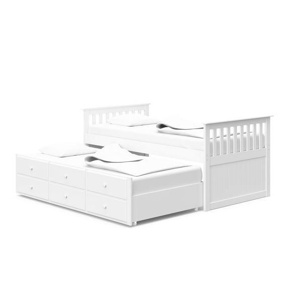 Storkcraft Marco Island Twin Captain’s Bed with Trundle Bed and Drawers, White