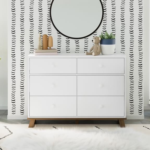 Storkcraft Modern 6 Drawer Nursery Dresser, White with Vintage Driftwood