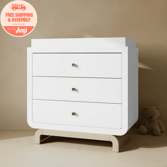 Storkcraft Santorini 3 Drawer Dresser with Infant Changing Topper, White with Driftwood