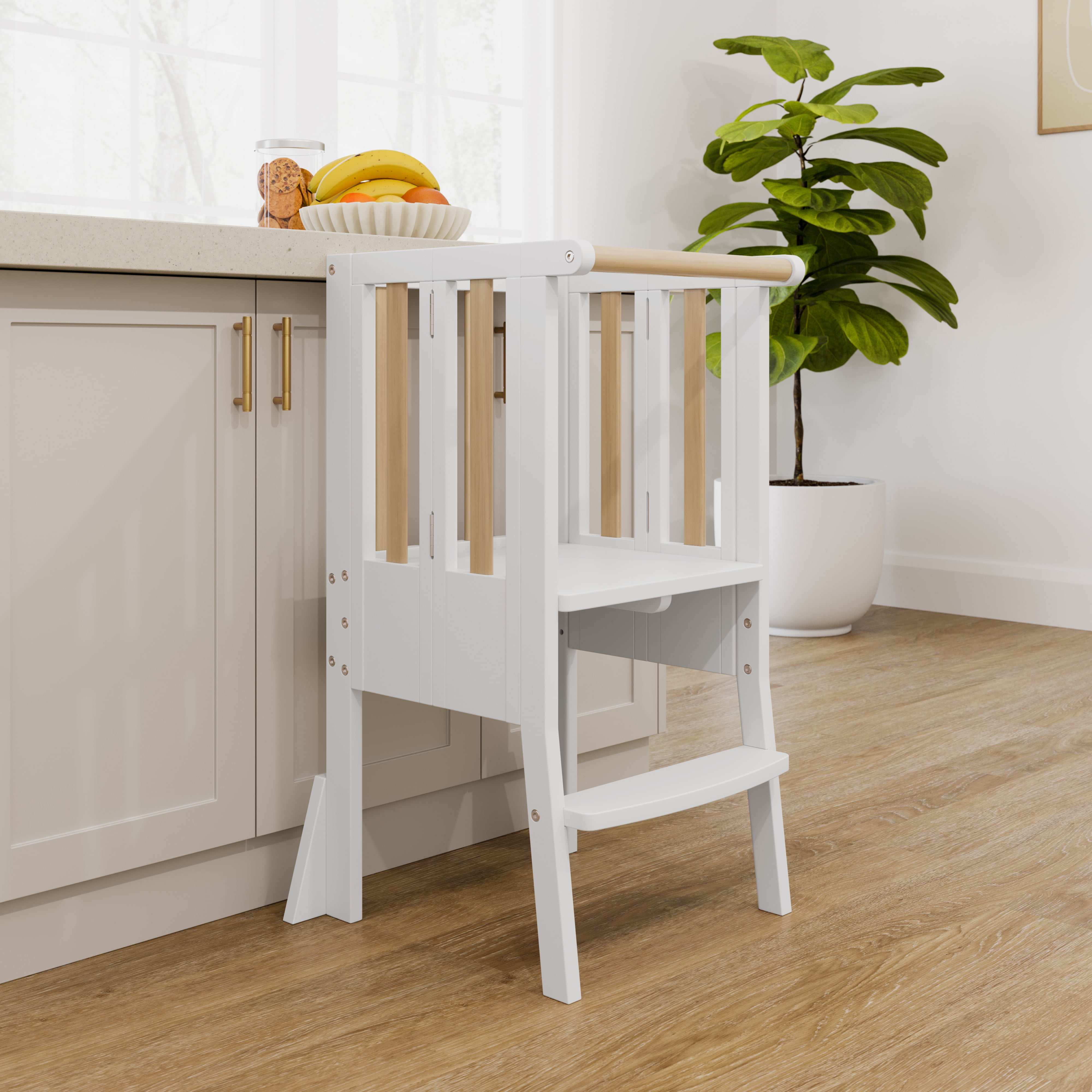 White and Driftwood Foldable Wooden Toddler Step Stool