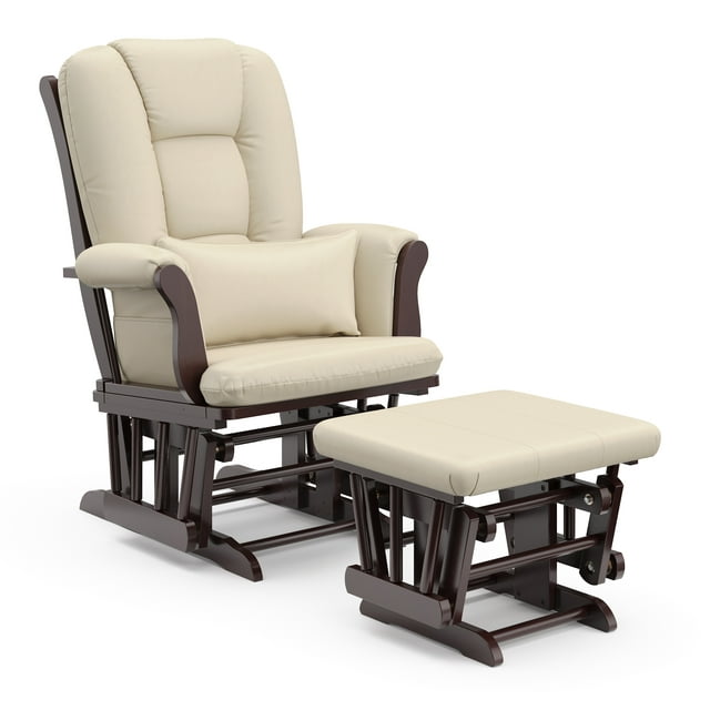 Storkcraft Tuscany Glider and Ottoman with Lower Lumbar Pillow, Espresso Finish with Beige Cushions