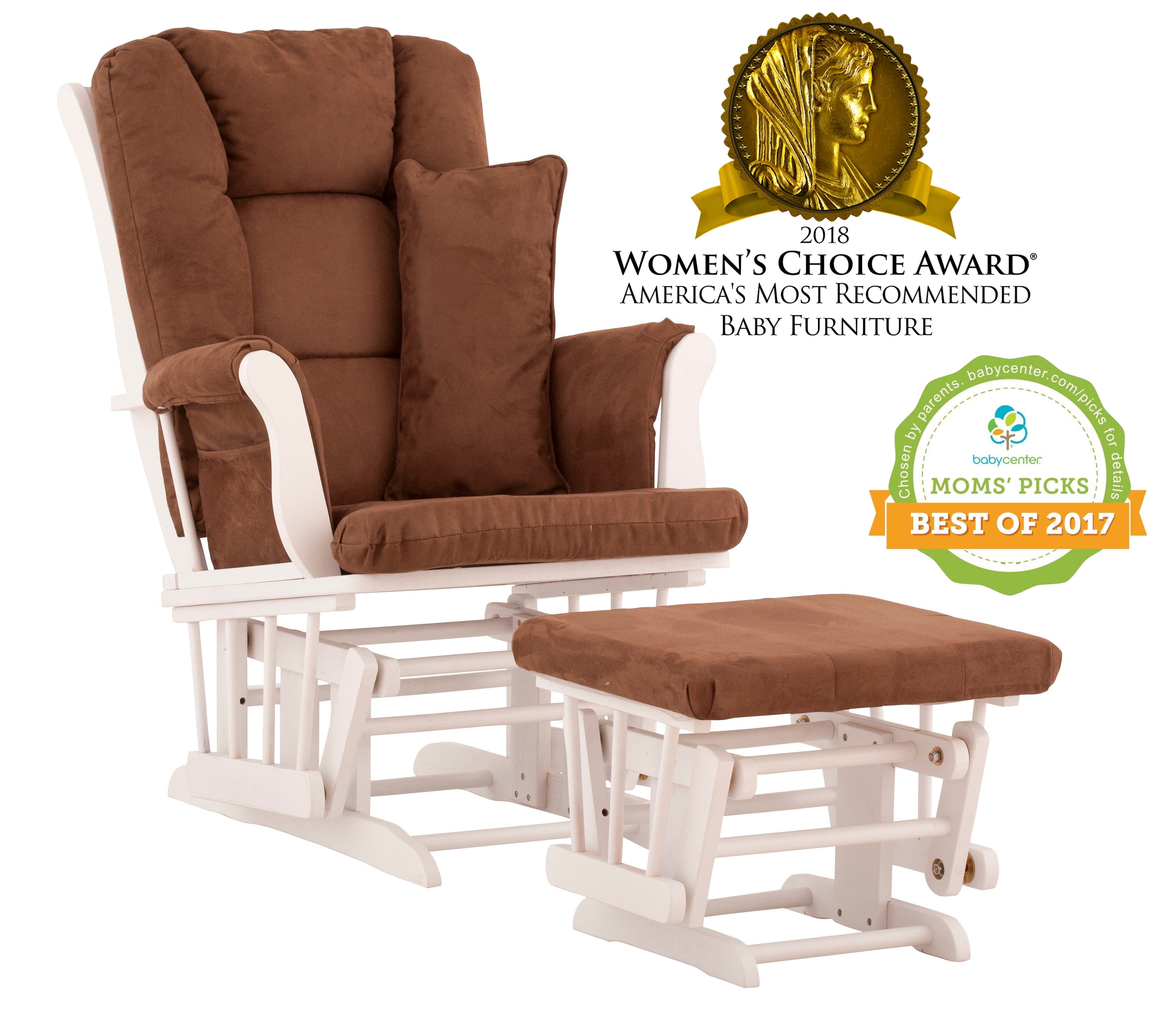 Storkcraft Tuscany Glider and Ottoman with Lumbar Pillow White with