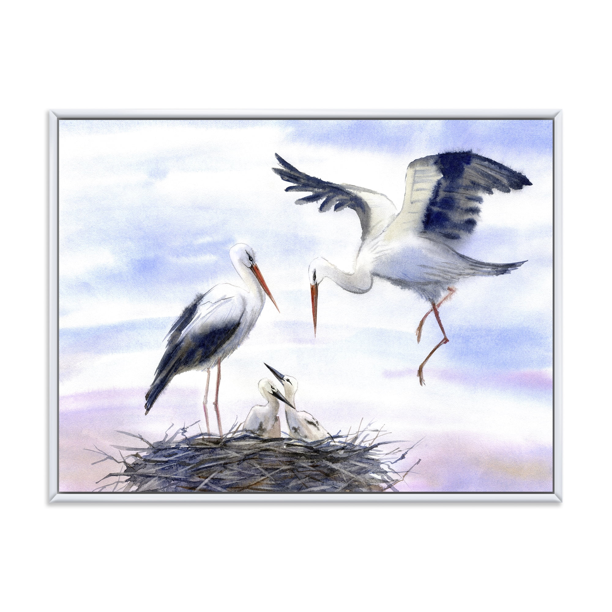 Storks With Babies In The Nest 20 in x 12 in Framed Painting Canvas Art Print, by Designart