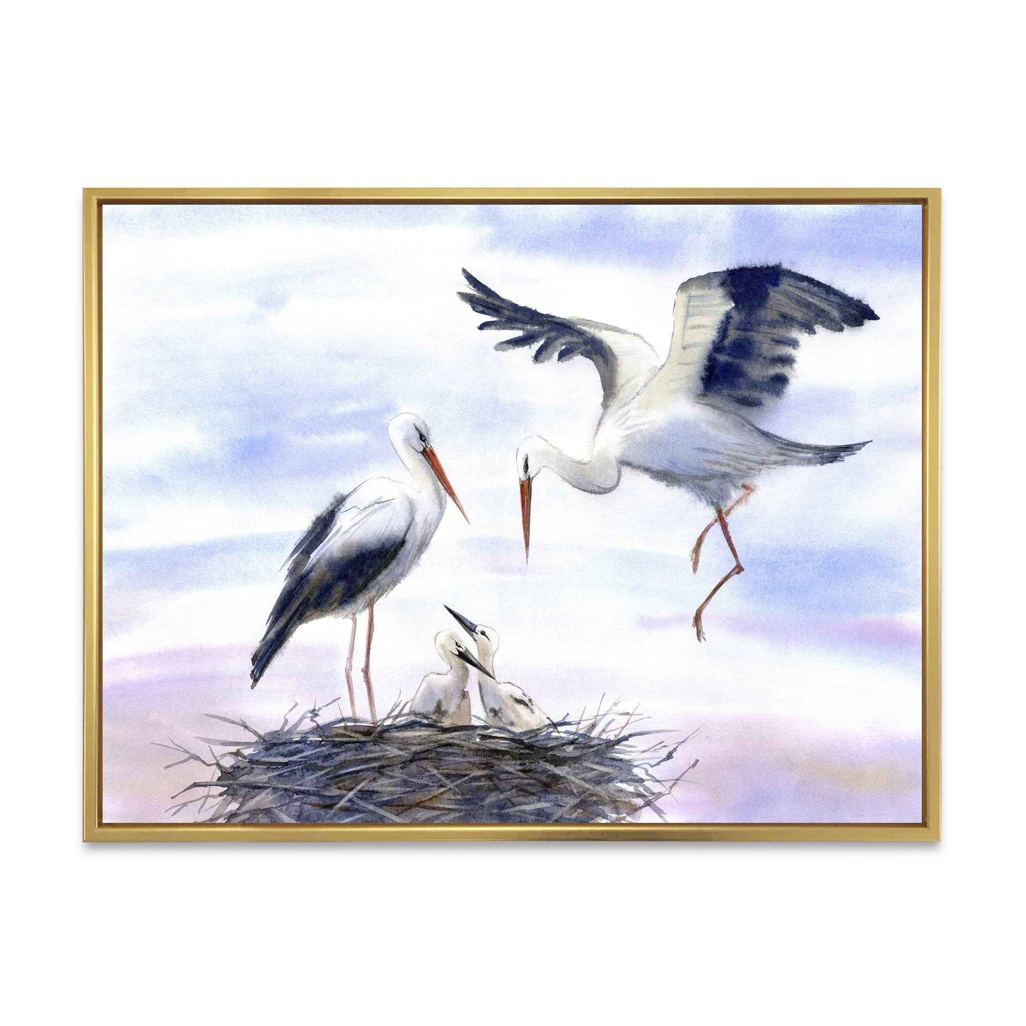 Storks With Babies In The Nest 32 in x 16 in Framed Painting Canvas Art Print, by Designart