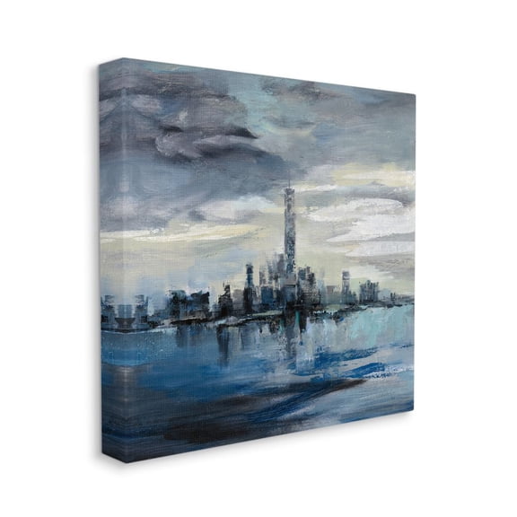 Storm Cloud City Scape Building Skyline Blue Grey Painting Abstract Gallery-Wrapped Canvas Print Wall Art, 17x17
