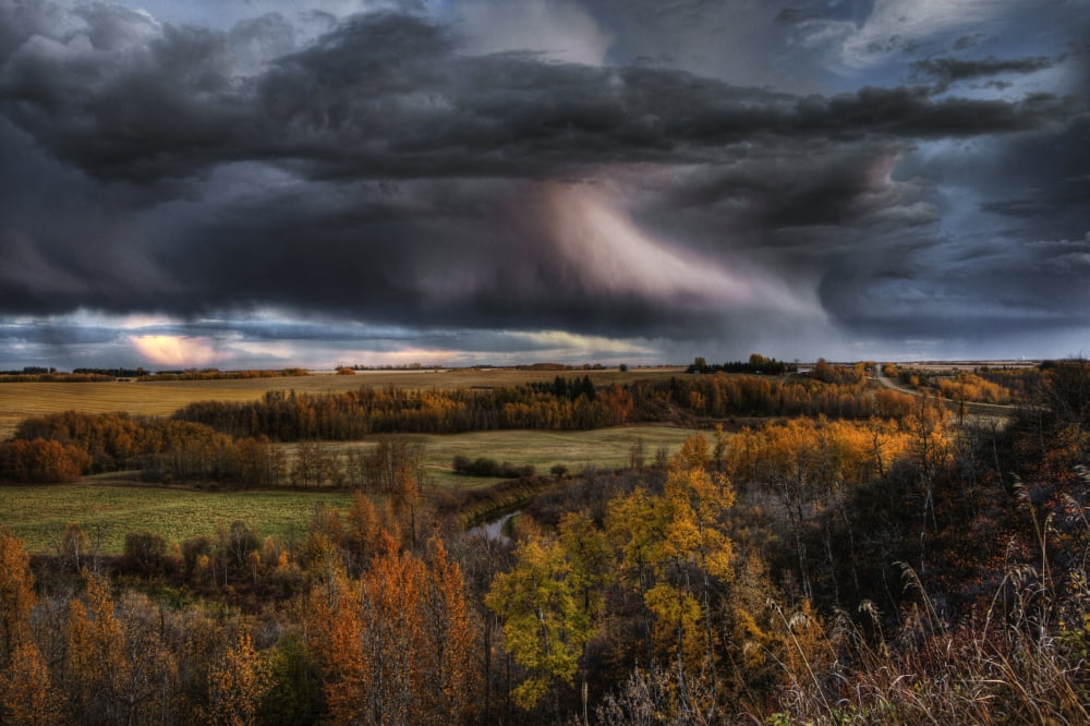 Storm Clouds Over The Sturgeon River Valley In Autumn Rural Alberta Canvas Art - Dan Jurak Design Pics (17 x 11)