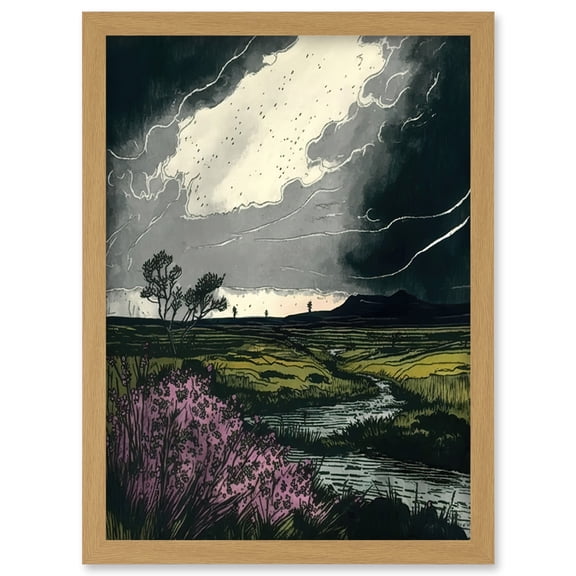 Storm Clouds at Scottish Meadow with Heather Shrub Artwork Framed Wall Art Print A4