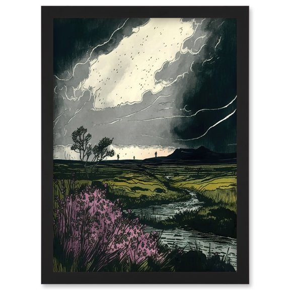 Storm Clouds at Scottish Meadow with Heather Shrub Artwork Framed Wall Art Print A4