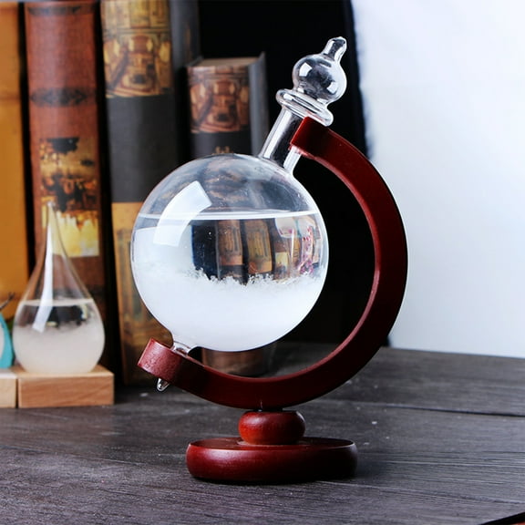 Storm Glass Globe, Weather Forecast Crystal Globe-Shaped Bottle, Red Solid Wooden Base Glass Windstorm Weather Predictor Crafts for Home Office Decoration Ornament