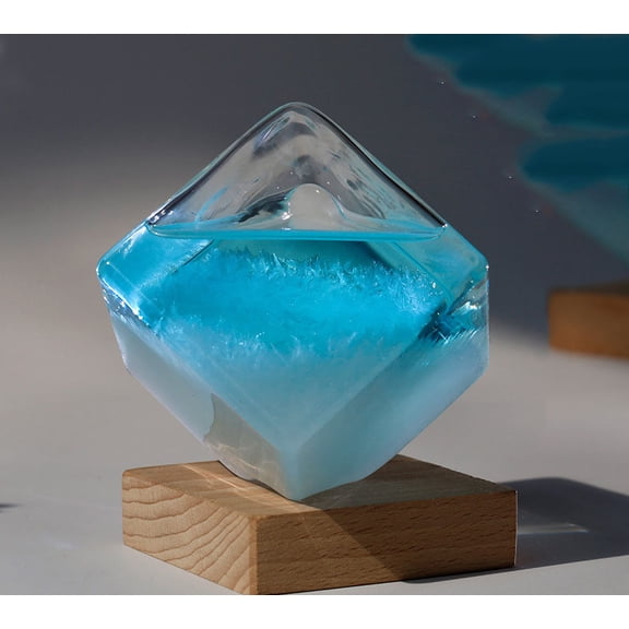 Storm Glass Weather Forecaster Crystal Blue Water Cube Storm Glass Weather Predictor with Wooden Base for Home, Office, Desktop (blue)Q