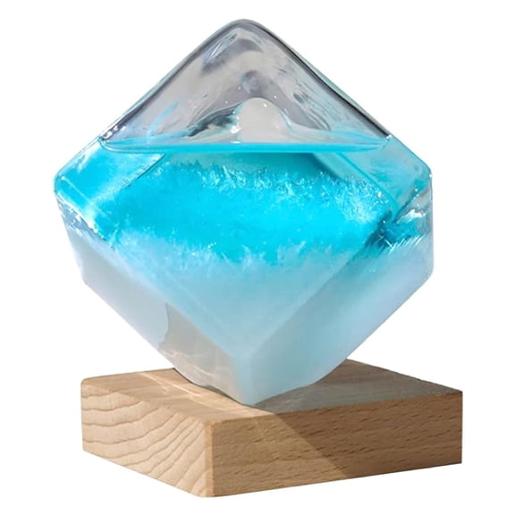 Storm Glass Weather Forecaster, Crystal Blue Water Cube Weather Predictor with Wooden Base for Home Office Desktop Small
