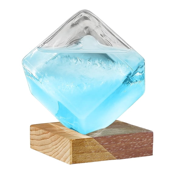 Storm Glass Weather Forecaster, Crystal Blue Water Cube with Wooden Base, Predictor for Home Office Desktop