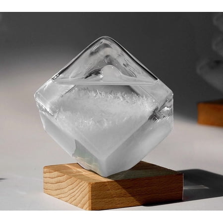 Storm Glass Weather Forecaster and Predictor, Crystal Blue Water Cube with Wooden Base for Home, Office, Desktop(white)Q