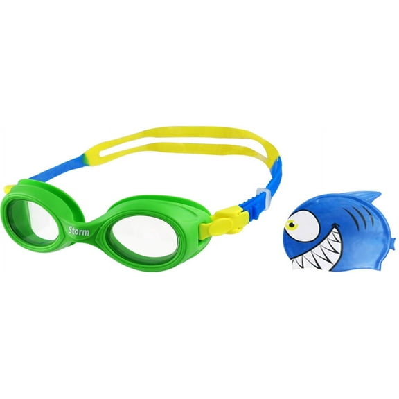 Storm Lil Swimmer Swim Cap and Goggles Set - Green/Blue Shark