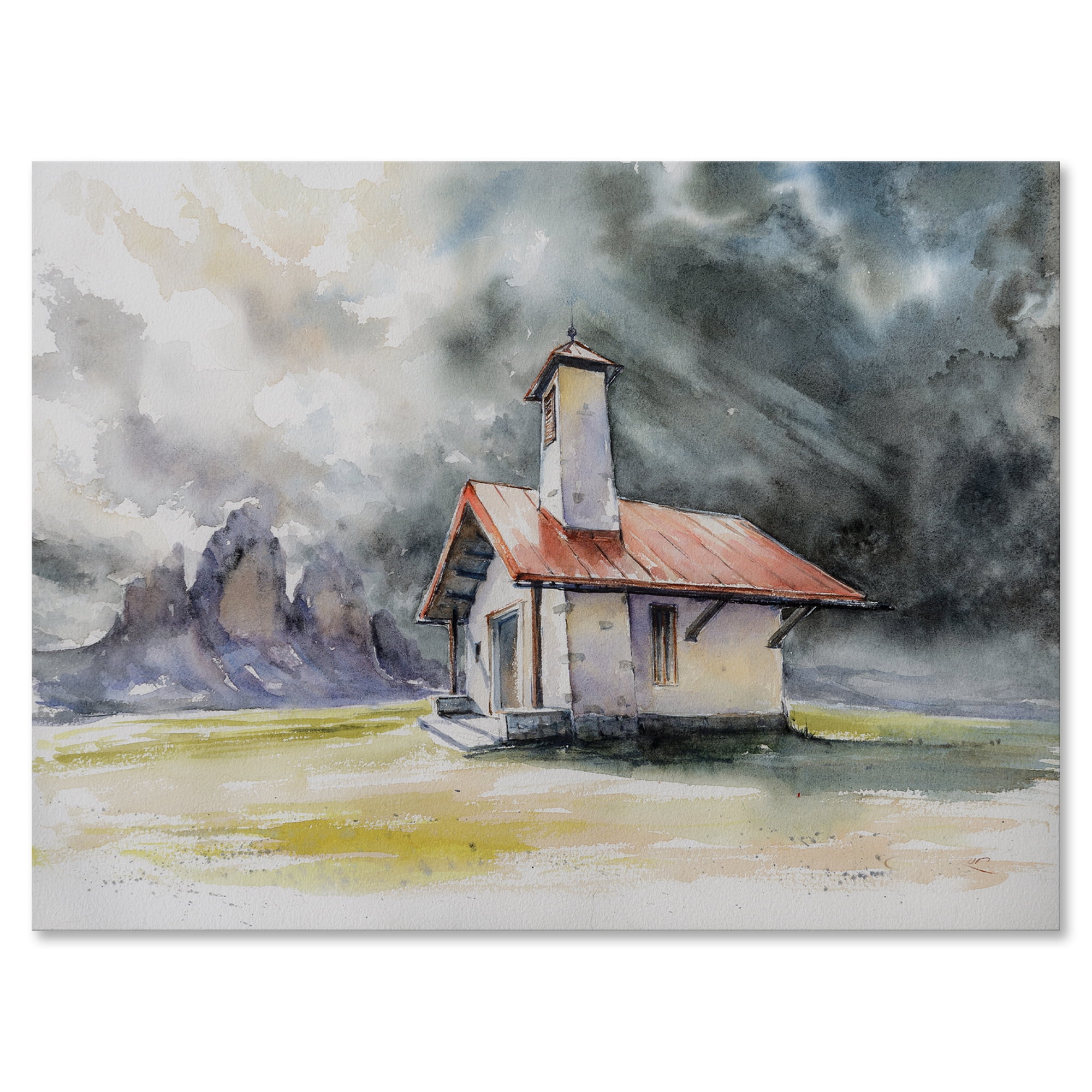Storm On A Rustic House On Mountain Top 12 in x 8 in Painting Canvas Art Print, by Designart