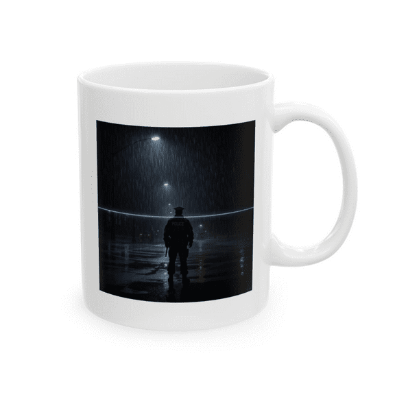 Storm Response Police Officer Coffee Mug 11 oz Ceramic Cup Night Rain Scene, Thin Blue Line Tribute